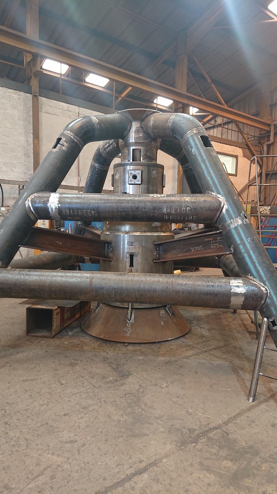 Custom fabricated steel pipe assembly for heavy industrial fabrication in Scotland.