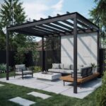 Custom steel pergola for a residential garden in Scotland.