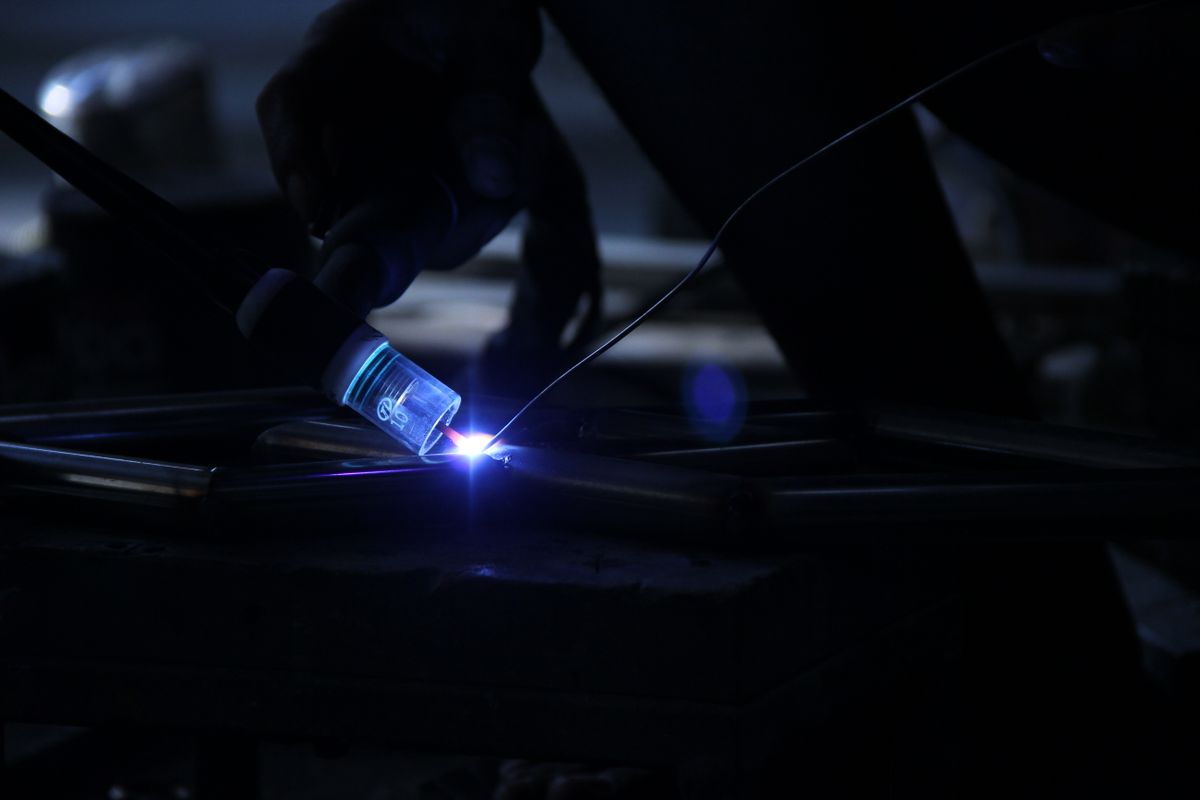 TIG welding arc during precision stainless steel fabrication